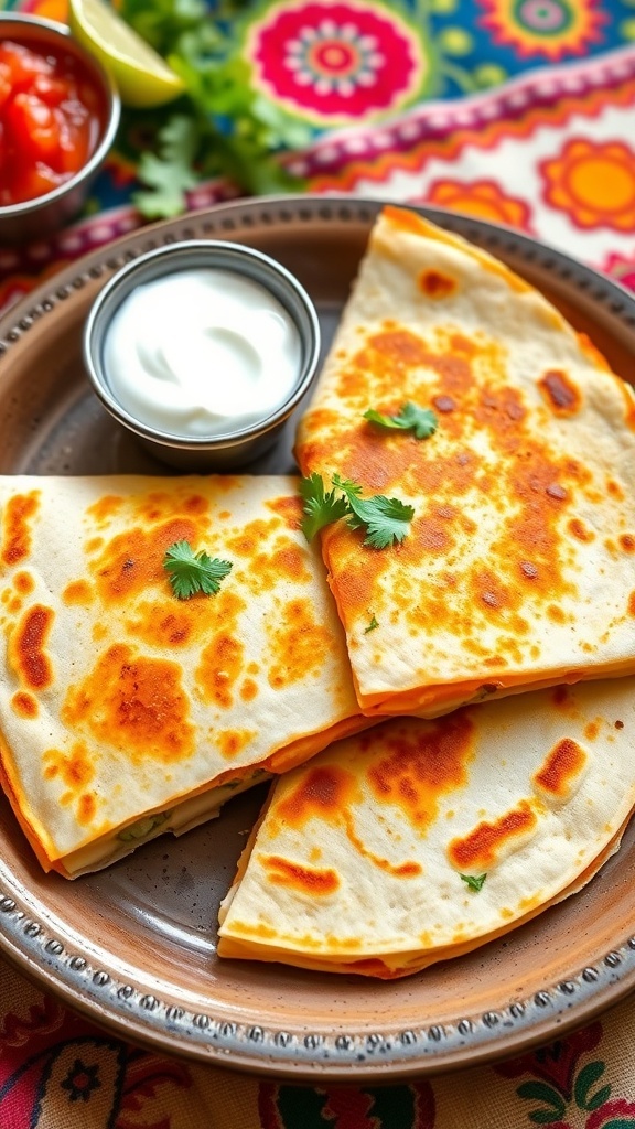 Crispy quesadilla gringa filled with cheese, served with sour cream and salsa on a colorful table.